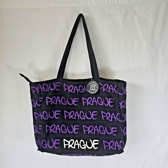 Robin Ruth Prague Tote Bag Mulitple Pockets Zipper Closure Lined Black Purple - Picture 1 of 9